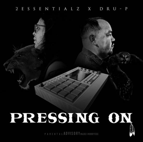 Album cover of 2essentialz single - pressing on, image of two people standing back to back with a drum machine between them