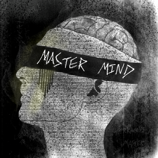 An image of Terracons single Mastermind, a sketch of a head with the brain comming out the top wearing a blindfold with the words Mastermind written on it.